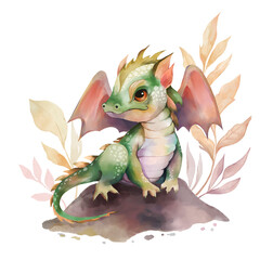Cute green baby dragon character. Cartoon illustration.
