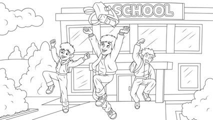 Vector illustration, school children having fun outdoors after school
