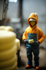 Small toy figures work in the cheese factory. Presentation of hard work. Illustration made with the effect of a tilt-shift lens. Image generated by AI.