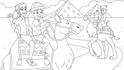 Vector illustration, children ride a camel, tourist trip