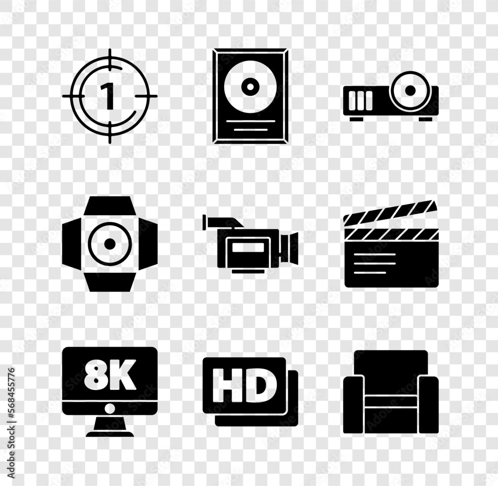 Sticker Set Old film movie countdown frame, CD disk award in, Media projector, Monitor with 8k, Hd movie, tape,, Cinema chair, Movie spotlight and camera icon. Vector