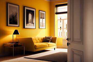 Yellow interior design. Living Room In  Yellow Color.  Generative AI.