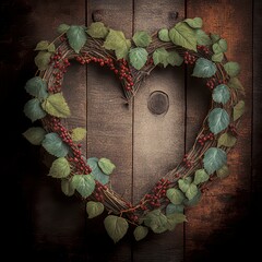 St. Valentine's Day Heart Shape Wreath on a Rustic Wood Background for Product Display AI generation