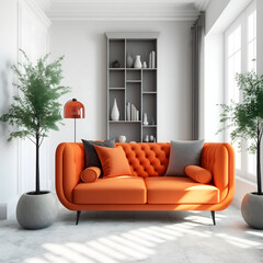 Cozy modern living room interior with orange sofa and decoration room on a orange or white wall background, Generative AI
