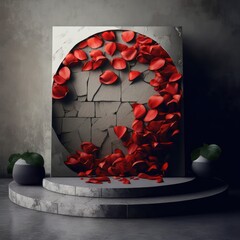 Romantic red rose petals on a stone podium background for St. Valentine's Day showcase AI generation