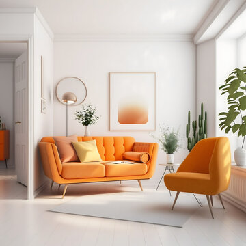 Cozy modern living room interior with orange sofa and decoration room on a orange or white wall background, Generative AI
