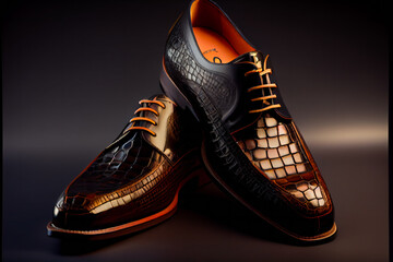 Men's black crocodile leather shoes.  Male black shoes.  Generative AI.