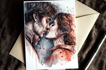 Valentines card with a watercolor painting of a kissing couple