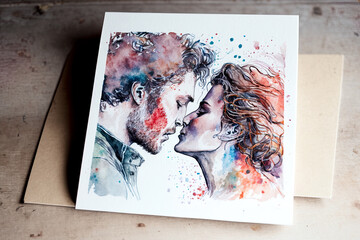 Valentines card with a watercolor painting of a kissing couple