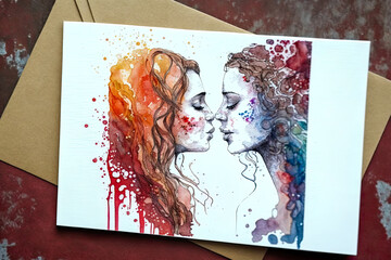 Valentines card with a watercolor painting of a couple of women kissing