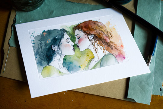 Valentine card with a watercolor painting of a couple of women kissing