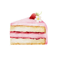 Watercolor sweet pink strawberry cake. Valentines day concept