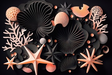 Fototapeta premium Abstract marine background with seashells and pearls, corals and starfish. AI