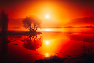 Fototapeta na wymiar A peaceful sunset over Lake Sinevir, with the sun painting the skies in warm hues of red, orange and yellow