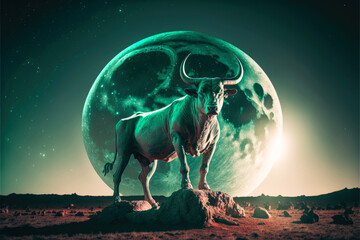 Green bull in front of a full moon, bullish, to the moon, stock exchange concept, Generative AI