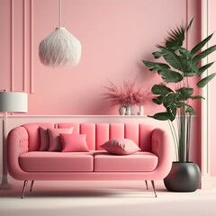 Cozy modern living room interior with pink sofa and decoration room on a pink or white wall background, Generative AI
