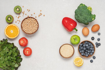 Healthy food. Vegetables, fruits, berries, beans, cereals and lettuce on white background. Concept for menu, meal plan, healthy diet