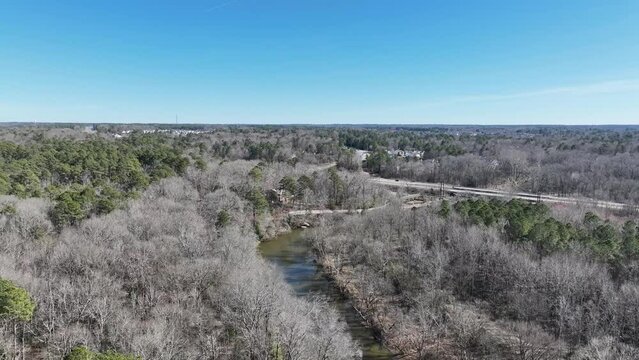 Airial shot looking toward a bend in the river.