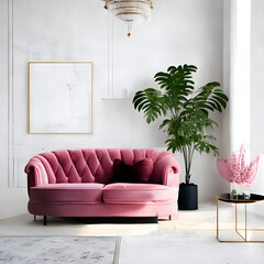 Cozy modern living room interior with pink sofa and decoration room on a pink or white wall background, Generative AI

