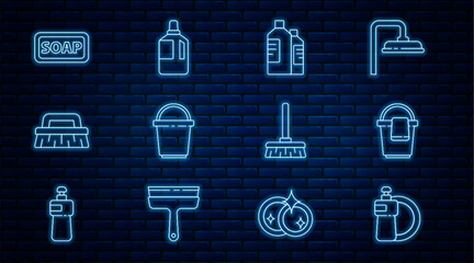Set line Dishwashing liquid bottle and plate, Bucket with rag, Bottles for cleaning agent, Brush, Bar of soap, Handle broom and Fabric softener icon. Vector