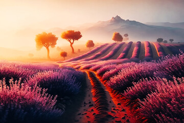 Fototapeta na wymiar A serene and calming landscape of lavender fields