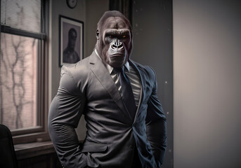 Portrait of gorilla in a business suit at the office. generative ai - obrazy, fototapety, plakaty