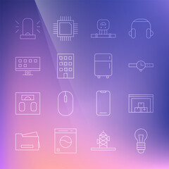 Fototapeta na wymiar Set line Light bulb, Warehouse, Wrist watch, Smart sensor, House, Tv, Flasher siren and Refrigerator icon. Vector