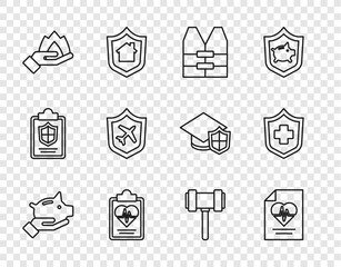 Set line Piggy bank, Health insurance, Life jacket, Hand holding fire, Plane with shield, Judge gavel and icon. Vector