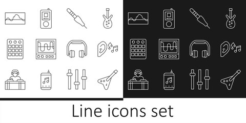 Set line Electric bass guitar, Ear listen sound signal, Audio jack, Oscilloscope, Drum machine, Music wave equalizer, Headphones and player icon. Vector