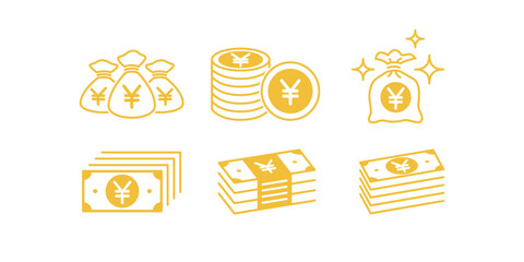 Set of Japanese yen icon paper money illustration, coin gold icon, bills or banknote yen icon design bundle