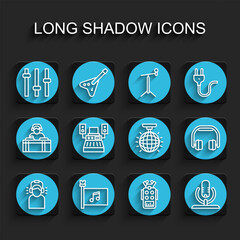 Set line Man in headphones, Music festival flag, equalizer, Microphone, recording studio, Headphones and Disco ball icon. Vector