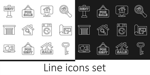 Fototapeta na wymiar Set line House key, plan, Location with house, Search, Garage, Hanging sign Rent, Washer and For Sale icon. Vector