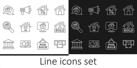 Set line House plan, Hanging sign with text Sold, percant discount, Location house, Search, Real estate message, and Megaphone icon. Vector