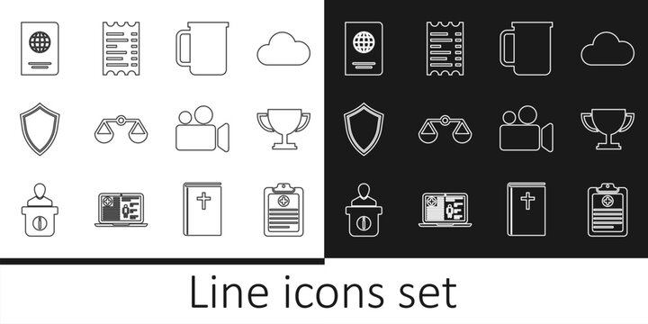 Set line Clinical record, Trophy cup, Coffee, Scales justice, Shield, Passport, Movie Video camera and Paper financial check icon. Vector