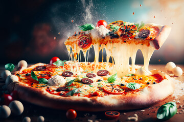 Fototapeta na wymiar An appetizing pizza with melted mozzarella cheese and juicy toppings