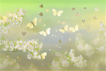 Aesthetic luminous spring background with butterflies and tree blossoms, generative AI