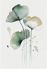 Delicate botanical watercolor of lily pads in a white background, generative AI