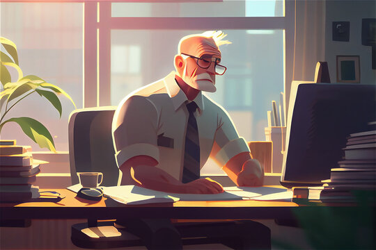 Cartoon style illustration of an elderly man working in an office, generative AI