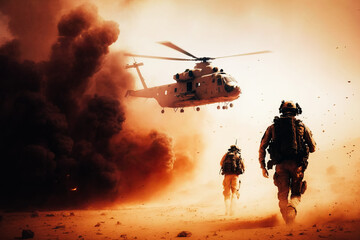 The chaos and confusion of a desert storm special operation with soldiers exchanging fire and a helicopter hovering overhead