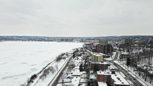 Downtown barrie Lake Simcoe winter time  frozen lake simcoe drone view 