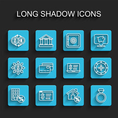 Set line House with percant discount, Online banking dollar, Money exchange, Diamond engagement ring, Credit card, Safe and Laptop icon. Vector