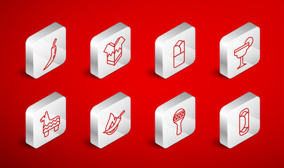 Set line Burrito, Poncho, Margarita cocktail, Maracas, Hot chili pepper pod, and Pinata icon. Vector