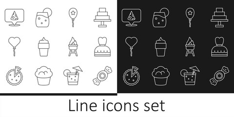 Set line Candy, Woman dress, Balloon with ribbon, Ice cream in waffle cone, Balloons form of heart, Slice pizza, Barbecue grill and Cocktail icon. Vector