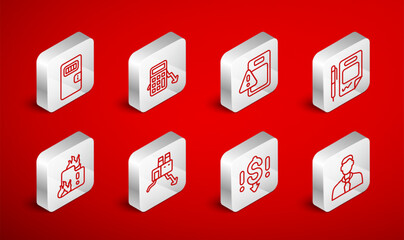 Set line Worker, Calculation of expenses, Global economic crisis, Contract money and, Dollar rate decrease, Prison cell door, Shutdown factory and Fire in burning house icon. Vector