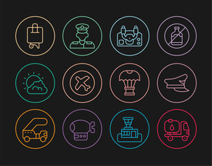 Set line Fuel tanker truck, Pilot hat, Aircraft steering helm, Plane, Sun and cloud weather, Suitcase, Box flying on parachute and icon. Vector