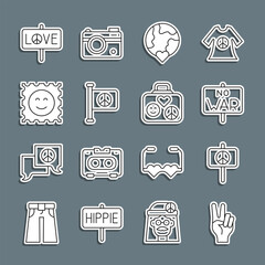 Set line Peace symbol, No war, The heart world - love, Flag peace, LSD acid mark, and Suitcase for travel icon. Vector