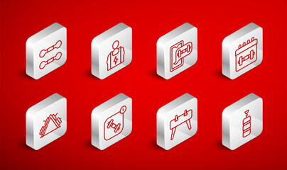 Set line Punching bag, Bodybuilder, Fitness app, Calendar fitness, Pommel horse, Dumbbell, and Metal rack with weight icon. Vector
