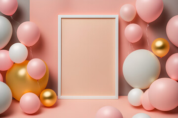 Fototapeta na wymiar Happy Birthday Mockup with Elegant Frame with Pastel Ornament and Ballons, Flat Lay Style Paper Card