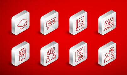 Set line Two sitting men talking, Hola different languages, Translator book, Foreign online study, Video with subtitles, Graduation cap, and icon. Vector © vector_v