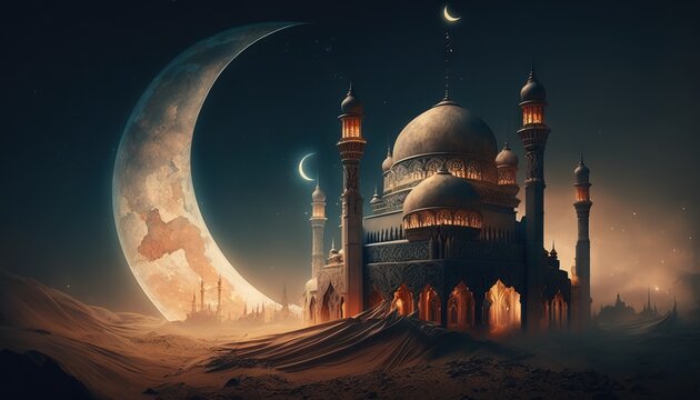 Ramadan's celebration background with Mosque and crescent moon at night generative ai